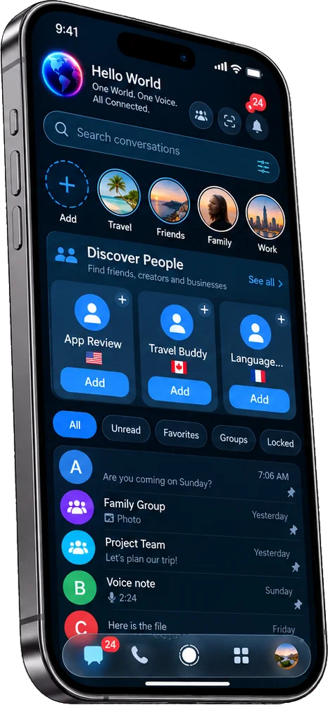 Hello World open on an iPhone, showing the chat list.